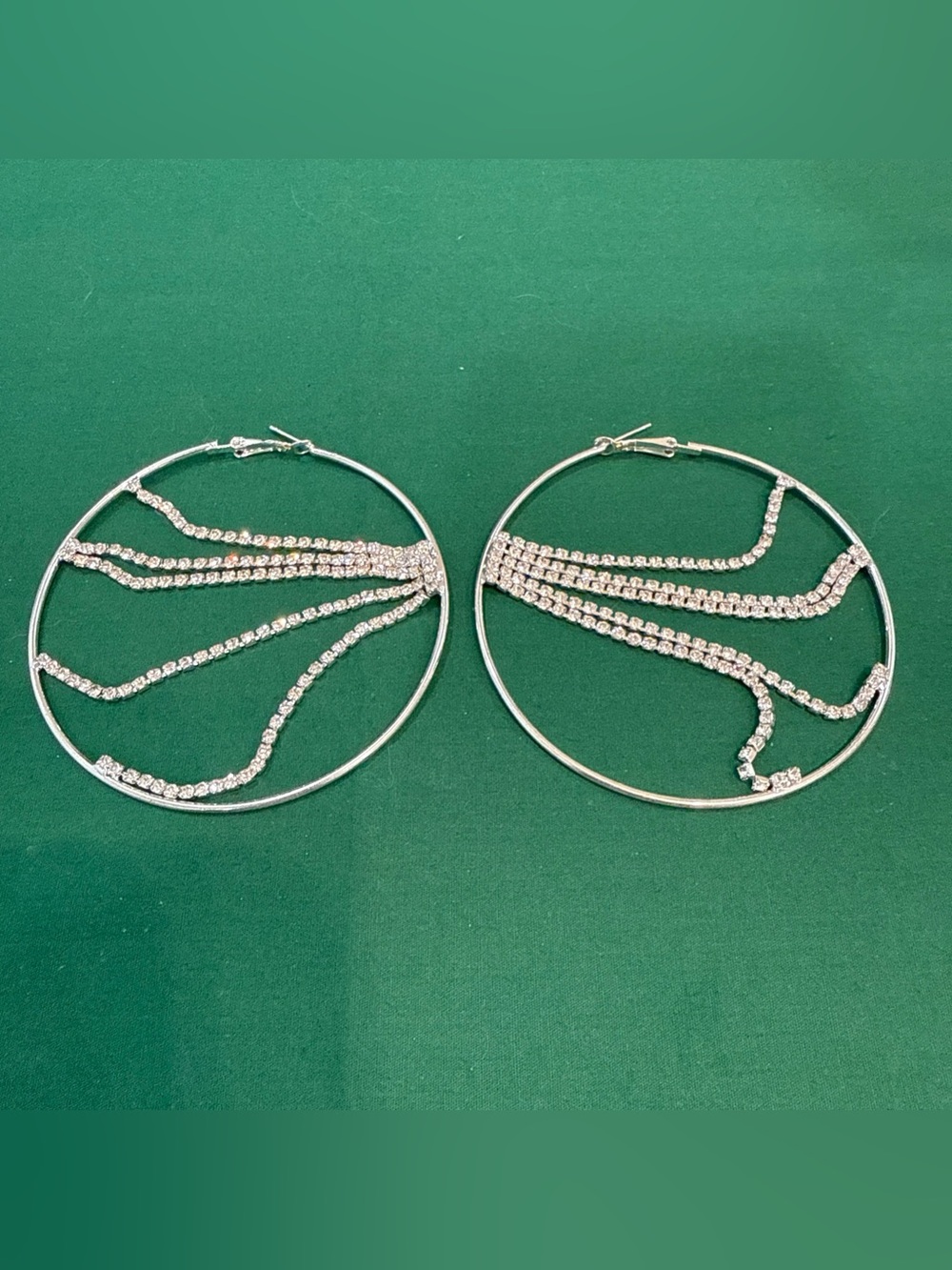 Large Silver Hoop Earrings W/Cascading Rows Of Rhinestones. 9F